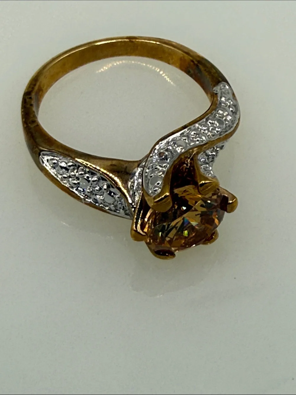 Vintage Gold-Tone plated Citrine Solitaire Ring Pavé Accents mixed metal glam